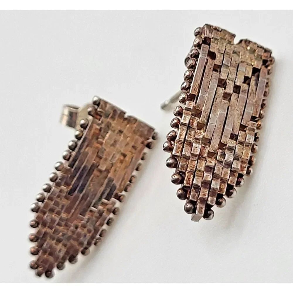 VTG Sterling 925 SU Woven Textured Chevron Dangle Waterfall 0.75” Earrings 4g